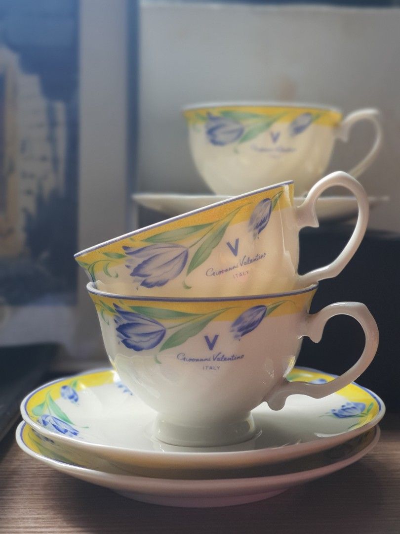 Valentino Cups and Saucer (Category: Coffee & Tea Tableware) located in Rizal. Submitted by missytin (Listing ID 1281837146, Image 1). Description: price per duo set (1 cup + 1 saucer) 4 sets available branded!!! GIOVANNI VALENTINO tulip design LP POSTED!!!!!.