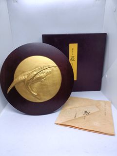 Vintage Geese Karigane Moon Plaque Frame Wooden Round Stand Object Souvenir Art Collection Boxed