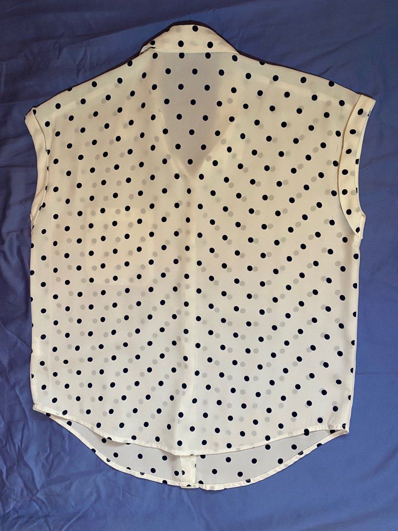 White Sheer Polkadot Blouse (Category: Blouses) located in Marikina City. Submitted by msgdptrp (Listing ID 1281826220, Image 2). Description: ‼️ AVAILABLE, ON-HAND ‼️ ‼️ LAST PRICE POSTED ‼️ – thrifted white SHEER polkadot blouse from @goodclothing.ph on IG – fabric is SHEER/SEE-THROUGH – approximately fits MEDIUM to SEMI-LARGE – worn TWICE – NO WHEN WORN as it is already too loose on me – measurements (laid flat, allow 0.5 to 1" allowance): > b