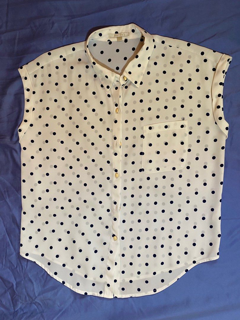 White Sheer Polkadot Blouse (Category: Blouses) located in Marikina City. Submitted by msgdptrp (Listing ID 1281826220, Image 1). Description: ‼️ AVAILABLE, ON-HAND ‼️ ‼️ LAST PRICE POSTED ‼️ – thrifted white SHEER polkadot blouse from @goodclothing.ph on IG – fabric is SHEER/SEE-THROUGH – approximately fits MEDIUM to SEMI-LARGE – worn TWICE – NO WHEN WORN as it is already too loose on me – measurements (laid flat, allow 0.5 to 1" allowance): > b