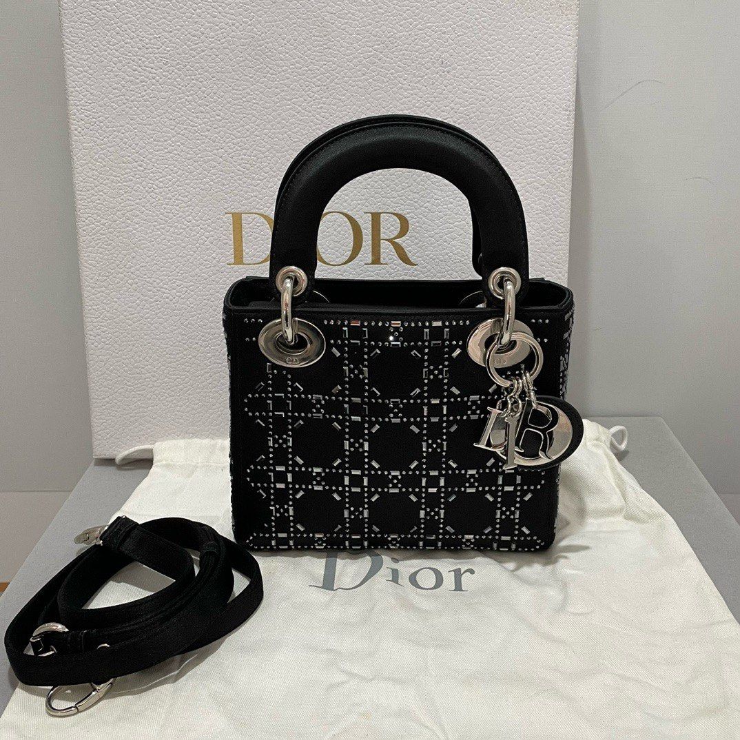 Authentic Lady Dior Mini Satin Black strass cannage embellish