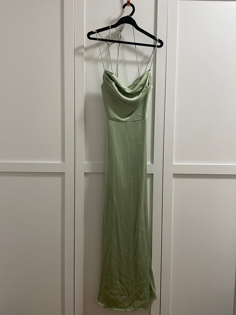 Green Silky Cowl-neck Dress, Women's Fashion, Dresses & Sets