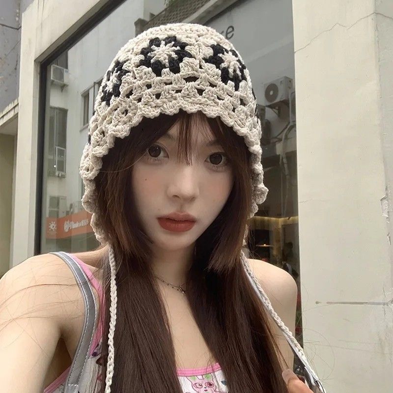 Hand woven Girl Hollow Thin Knitted Bucket Hat New Crochet Flower