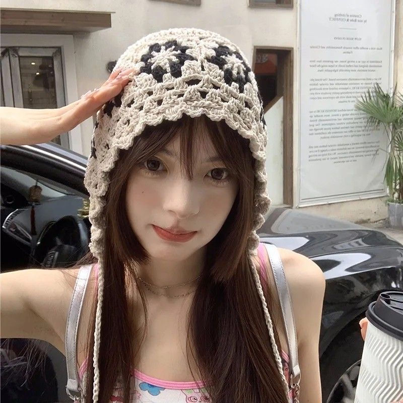 Hand woven Girl Hollow Thin Knitted Bucket Hat New Crochet Flower
