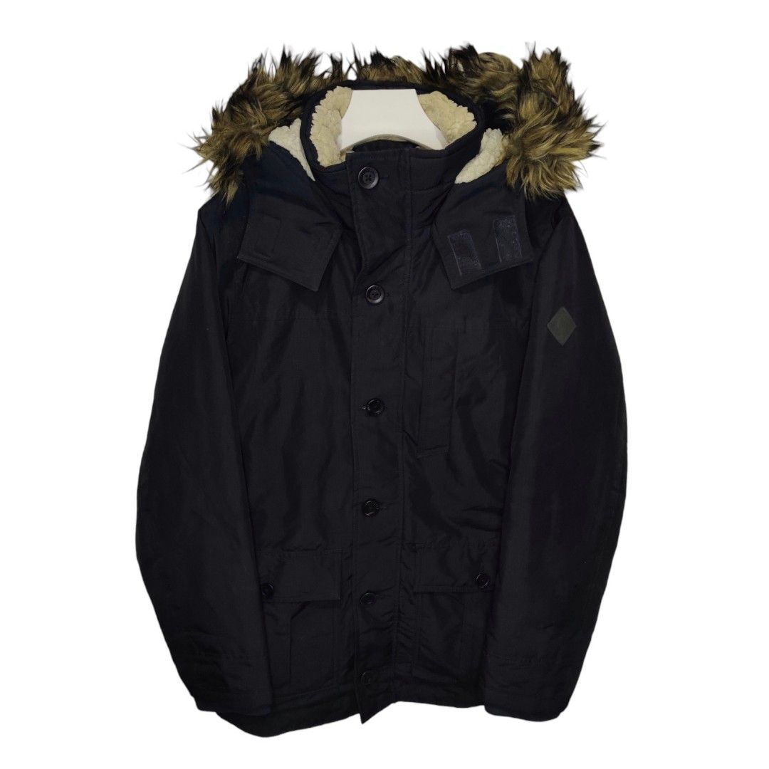 L) HOLLISTER Black Parka Jacket With Faux Fur Lined Hood, Men's