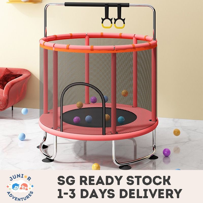Kid s large trampoline for indoor and outdoor use with handrail