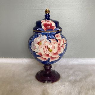 Kokusui Vintage Cobalt Blue Gold Flower Painted Jar