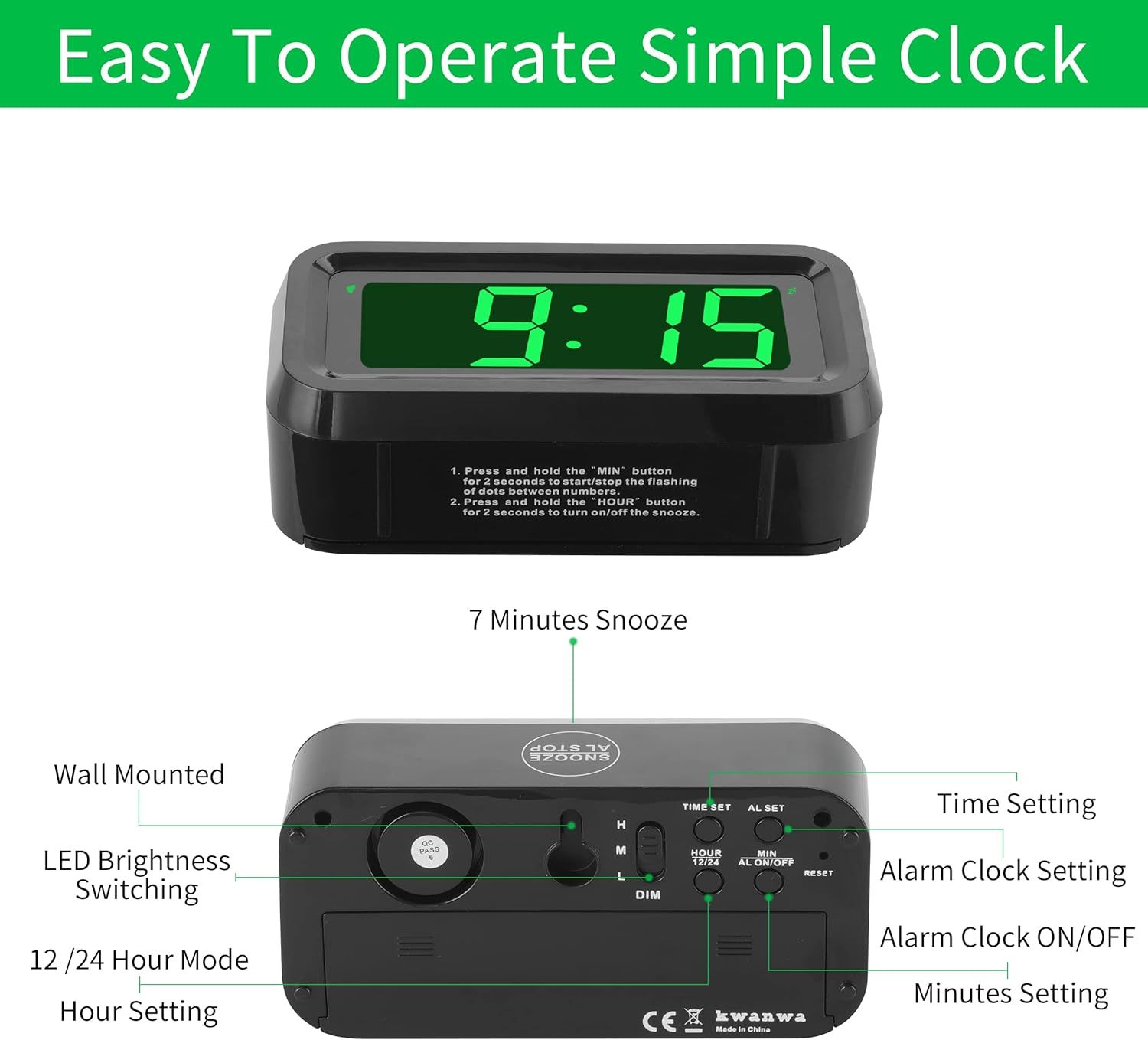 KWANWA Alarm Clock, Wall Clock, 1.2inch LED Digital Clock, Adjustable ...