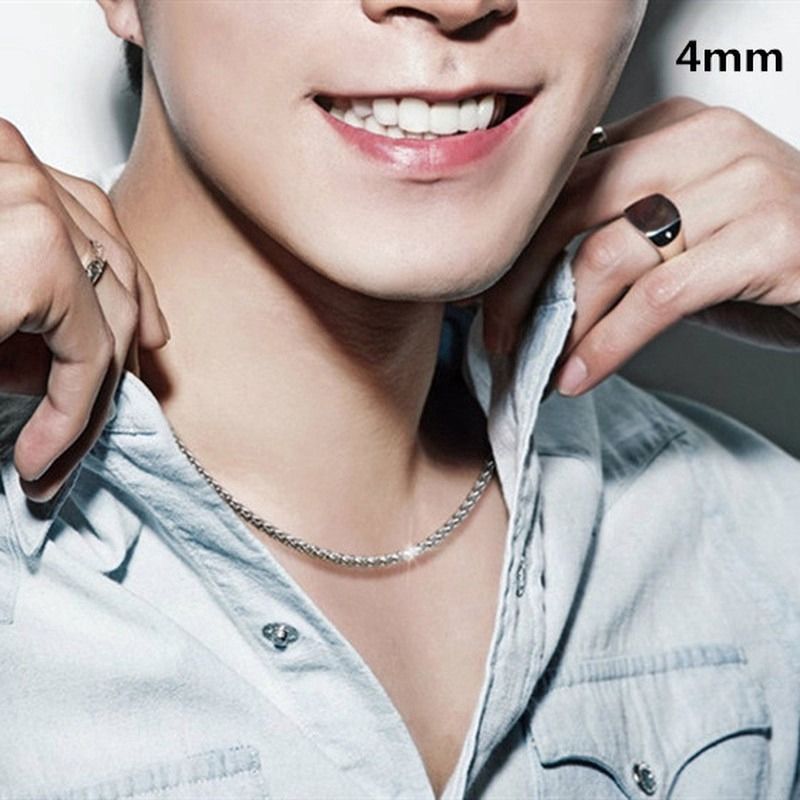 MEN Silver Stainless Steel Wheat Braided Chain Necklace Men s