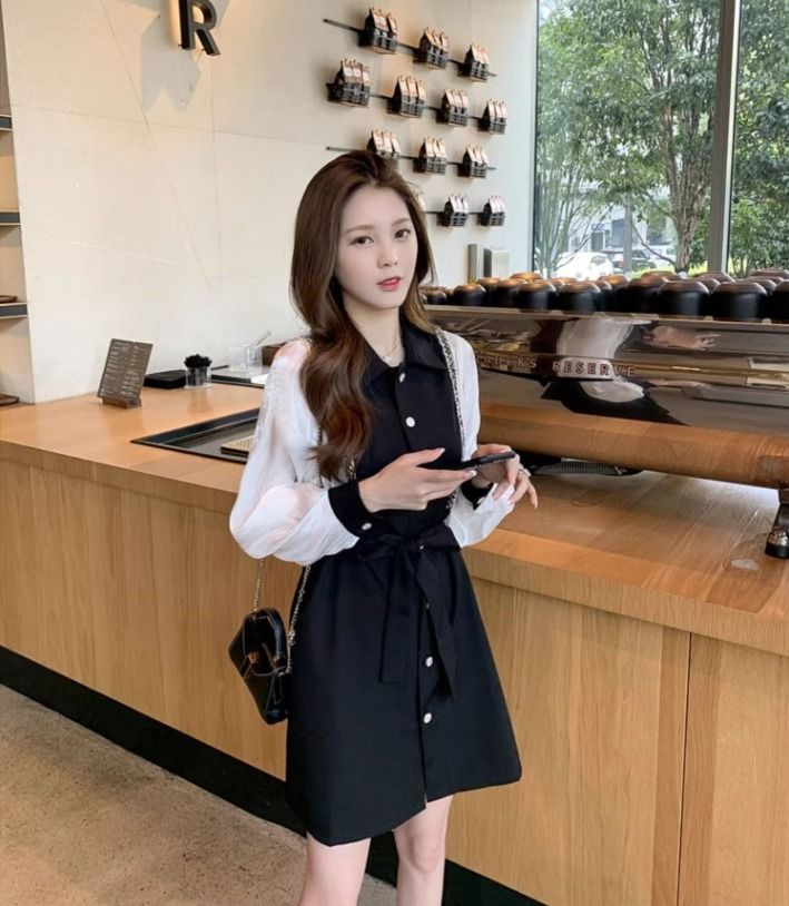 Preloved Light luxury celebrity waist slimming dress women s autumn fake two piece date little black dress Black