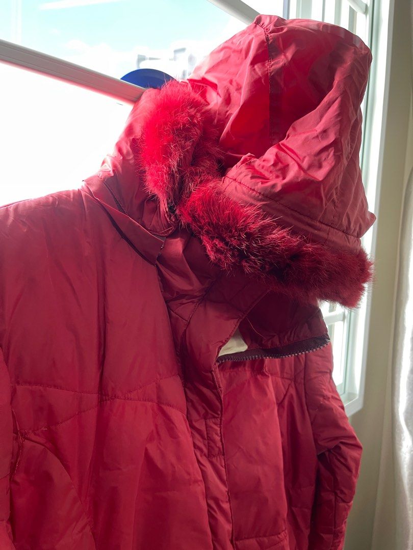 Red winter coat sale with fur hood