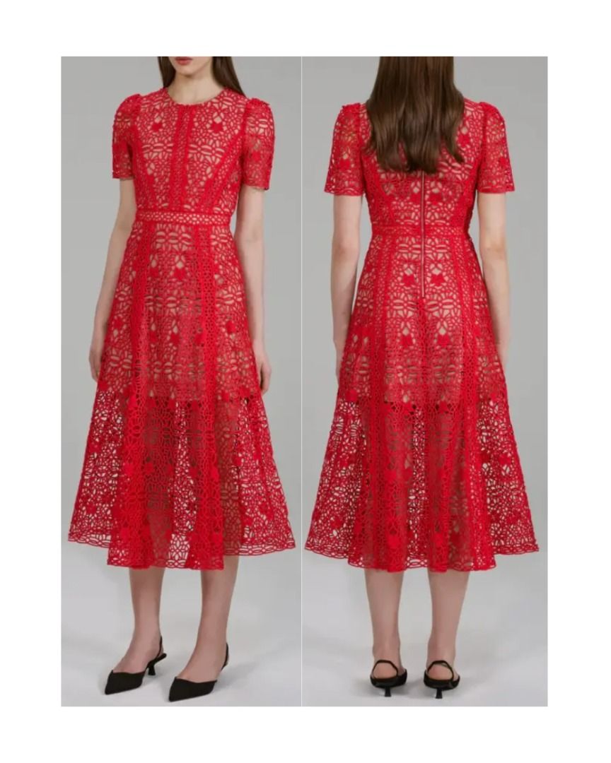Self Portrait | Lace Midi Round Neck Short Sleeve A-line Dress Red, Women's  Fashion, Dresses & Sets, Dresses on Carousell