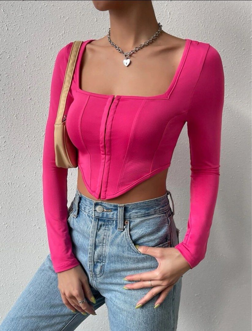Shein pink corset crop top (Category: Longsleeves) located in Del Monte. Submitted by marjoriebelda (Listing ID 1282126356, Image 1). Description: -Used twice only -Size XS -Price negotiable Rfs: doesn’t like the color anymore Location: Pureza, manila Note: Handle ni buyer yung lalamove.