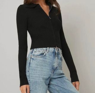 Solid Quarter Zip Ribbed Knit Top