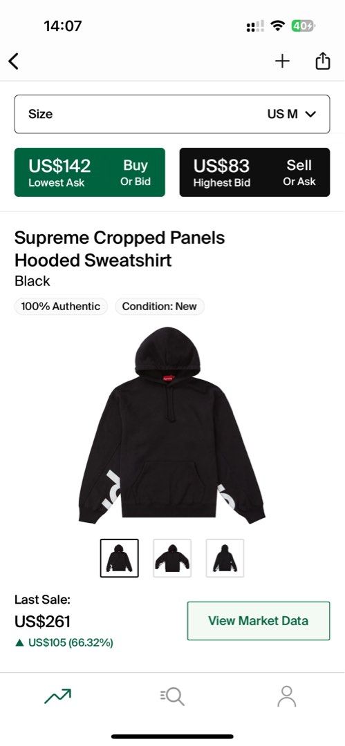 Supreme SS22 cropped panels hooded sweatshirt black size S