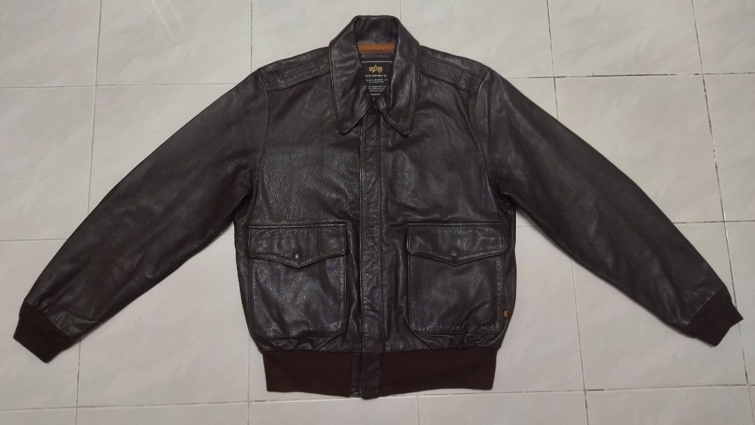 Vintage Alpha Industries Brown A2 Leather jacket Kulit Size M L Men s Fashion Coats Jackets and Outerwear on Carousell