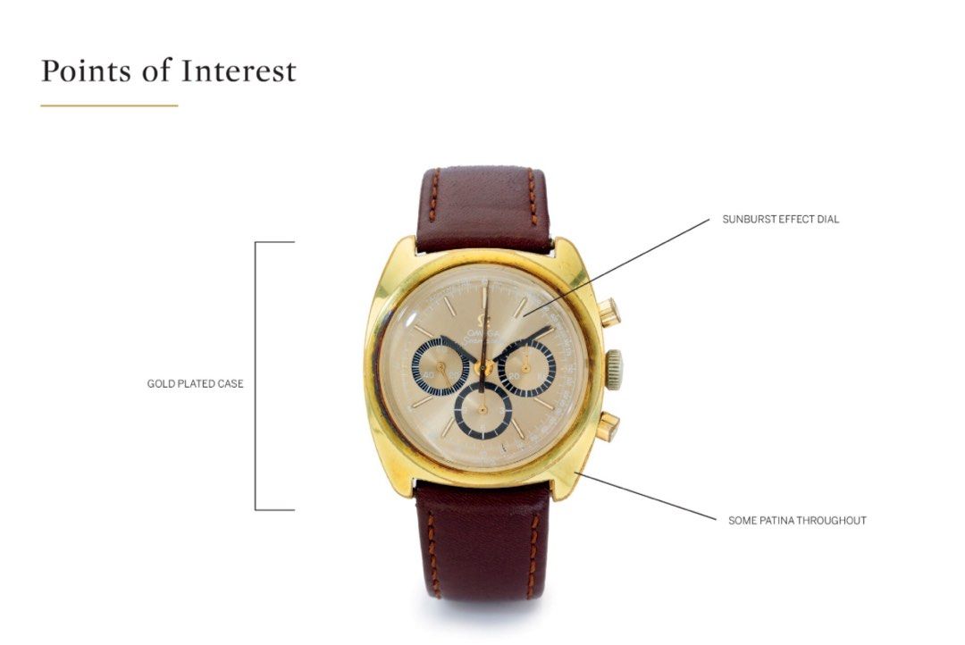 Vintage Omega Seamaster 145.029 Gold Chronograph Cal 861 Panda (Category: Watches) located in Singapore. Submitted by sinnedts (Listing ID 1282110178, Image 3). Description: Rare Circa 1970 Unpolished 20 micron Gold case Sunburst Dial / Panda Registers Cal 861 - Moon-Watch Movement Original shark strap & gold buckle Case Plexi has tiny age marks .