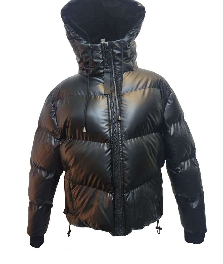 Womens black shiny puffer coat cheap