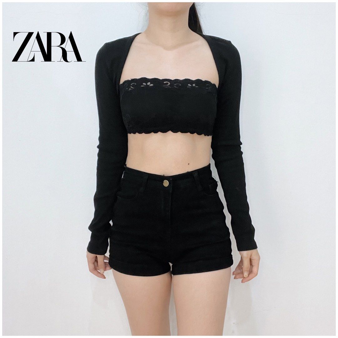 ZARA Black Rib Crop Bolero Long Sleeves Outer Crop Cardigan Korean Look  Luaran Kardigan Jaket Pendek Bolero Hitam Lengan Panjang