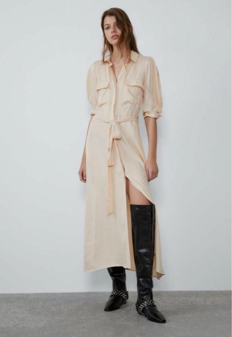 Zara beige shirt dress store