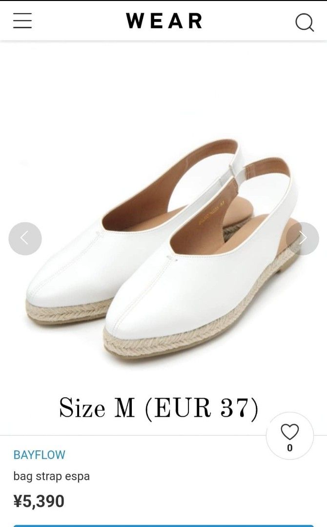 BAYFLOW BACK STRAP ESPADRILLES (EURO 37 US 6 ) (Category: Flats & Sandals) located in Baguio. Submitted by Choosehere22 (Listing ID 1282183791, Image 1). Description: 🥿 ONHAND! FRESH FROM JAPan BAYFLOW Back Strap Espadrilles Nice ito pang terno sa any OOTD 👌 ¥5390 (2,047php) orig. price 😱 ◻️⚪Brown - Size M (37) 1 pair available Description of item Espadrilles with back strap design. The white color uses smooth faux leather, and the beige and b