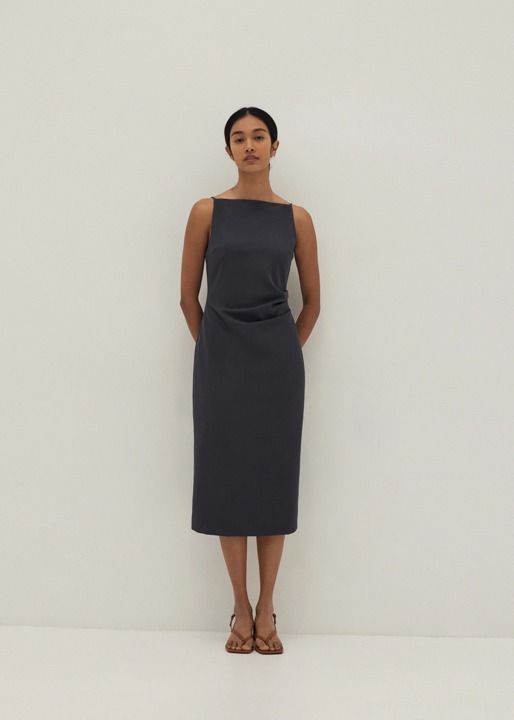 strapless open back dress Elipse Pleated V-Neck Dress in Navy