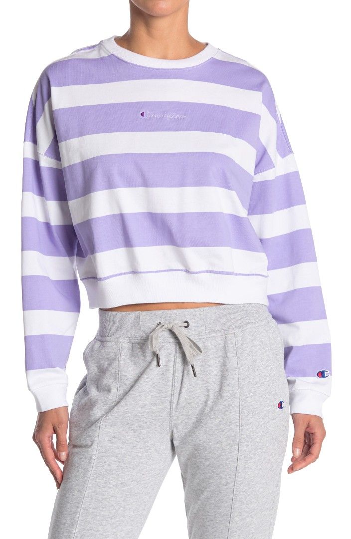 Champion Striped Cropped Cotton Sweatshirt in Lilac Atasan