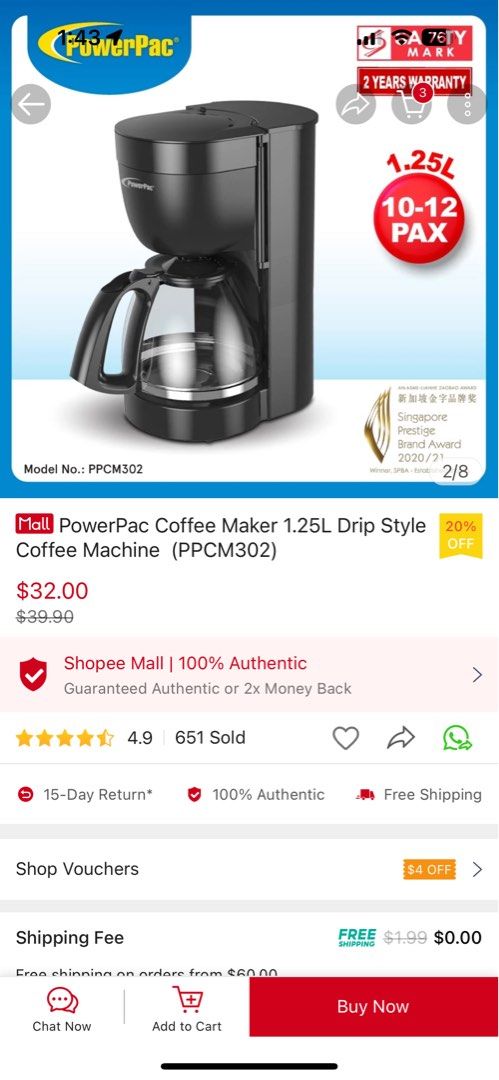 Coffee maker (Category: Coffee Machines & Makers) located in Singapore. Submitted by useshm (Listing ID 1282236839, Image 4). Description: Powerpac brand Coffee Maker, brand new in box. .
