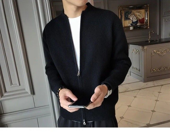 Full zip sweater trendy oversized Black men unisex cardigan