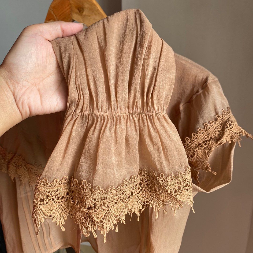Light Brown/Beige Sheer Button-down Longsleeves with Lace (Category: Longsleeves) located in Manila. Submitted by bdgdeclutters (Listing ID 1282300277, Image 3). Description: Fits small to medium frames .