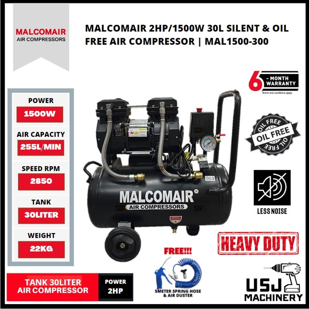 MALCOMAIR 30L 2HP 8Bar Silent & Oil Free Air Compressor MAL1500-30 [FREE Air  Duster & Hose]  6 Months Local Warranty, Furniture & Home Living, Home  Improvement & Organisation, Home Improvement Tools