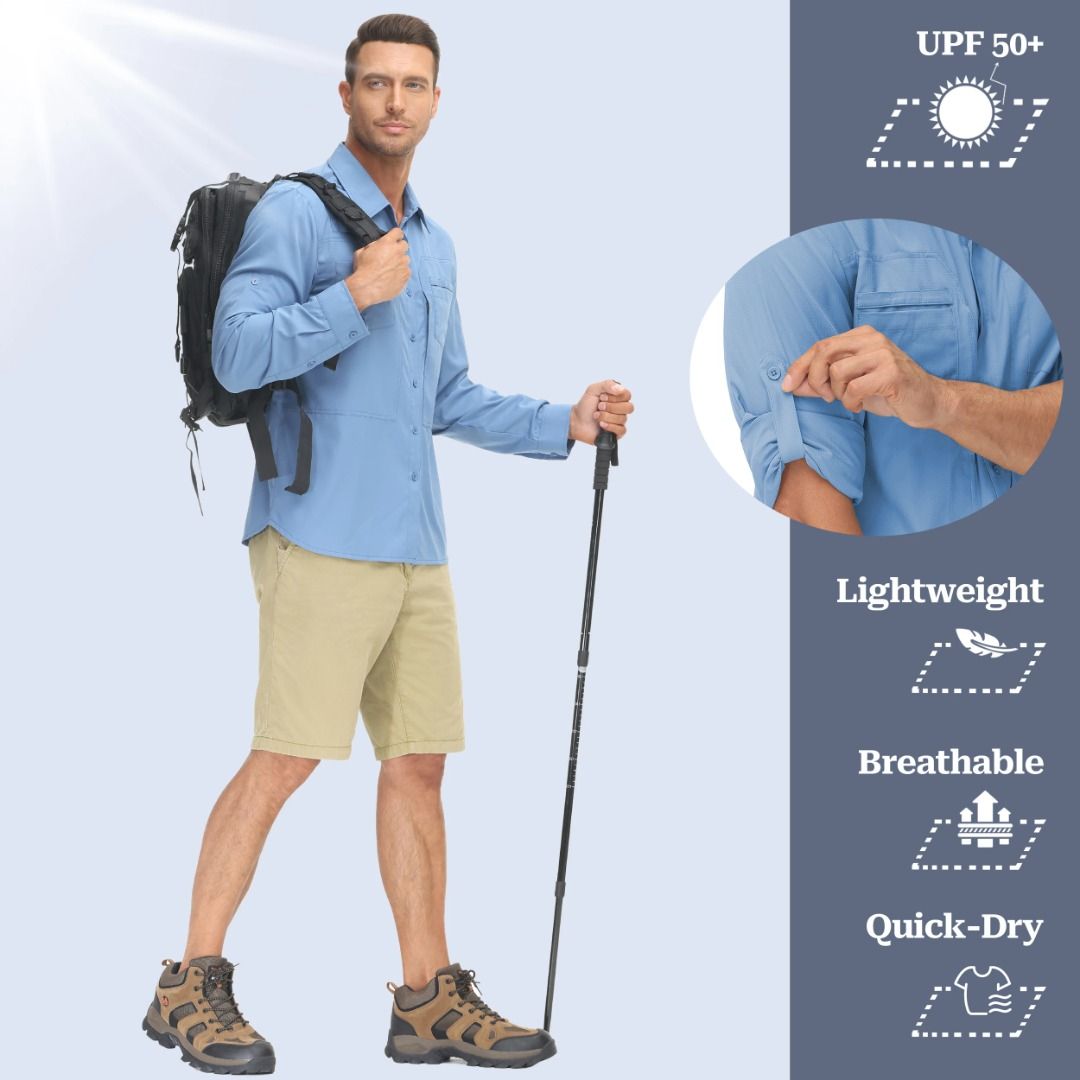 Men's UPF 50+ Long Sleeve Fishing Shirts Sun Protection Breathable Hiking  Work Shirt Casual Button Down Shirt with Zipper Pocket, 運動產品, 行山及露營-  Carousell