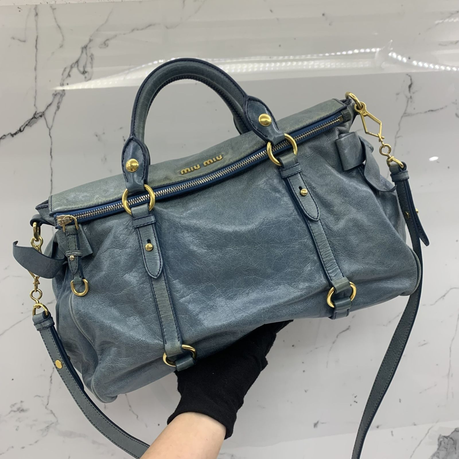 MIU MIU RT0365 BLUE LEATHER 2WAY HANDBAG 247000527 JX, Luxury 