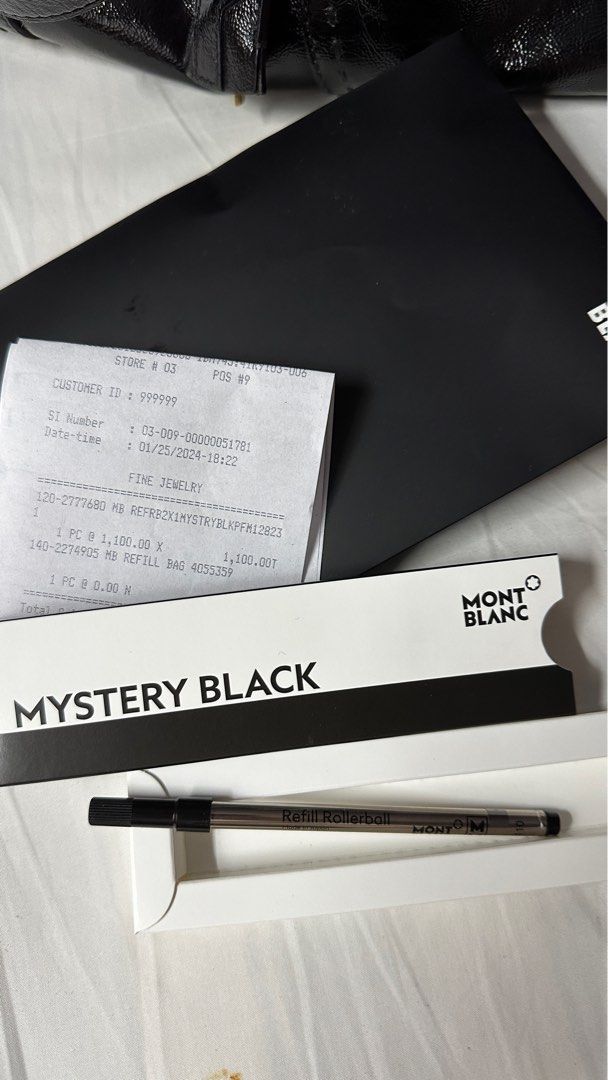 Mont Blanc Montblanc rollerball refill O110 (Category: Stationery & School Supplies) located in Makati City. Submitted by cheekypinkie (Listing ID 1282364502, Image 2). Description: Montblanc Mont Blanc Rollerball refill Medium point 0.7mm O110 which can fit Montblanc Generation pens. See photo 5, that is my MB generation pen. Purchased on January 25, 2024 only. A pair costs 1100 PHP. Selling for 500. No low ball offers. Price is fixed. Buyer pay