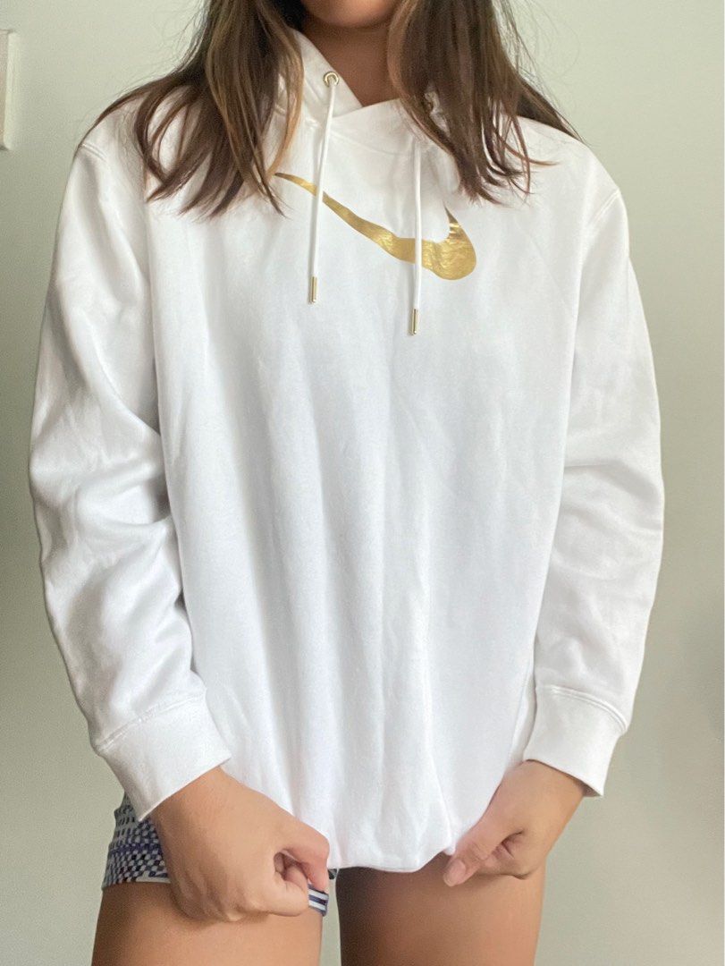 White nike sweatshirt with gold swoosh cheap
