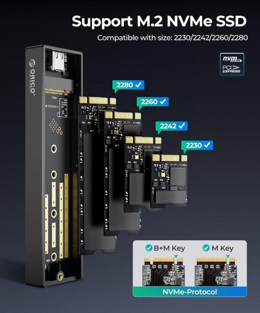 M.2 NVMe SSD Enclosure - USB 3.1 Gen 2 USB-C - RGB - Gray - Orico