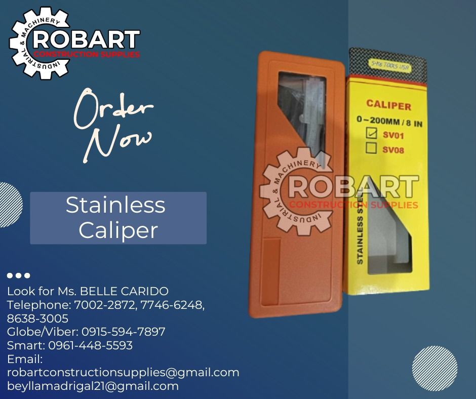 Stainless Caliper (Category: Construction Tools & Equipment) located in Manila. Submitted by bellarobart (Listing ID 1282241979, Image 1). Description: Stainless Steel Digital Vernier Caliper Size: 8" Qty: 1pc Price: 3,705 Stainless Steel Vernier Caliper (Manual) Size: 8" Qty: 2pcs Price: 2,420 𝑹𝑶𝑩𝑨𝑹𝑻 𝑪𝑶𝑵𝑺𝑻𝑹𝑼𝑪𝑻𝑰𝑶𝑵 𝑺𝑼𝑷𝑷𝑳𝑰𝑬𝑺 #RobartConstructionSupplies #robartph #constructionmaterials #industrialsupply Office Address: 1405