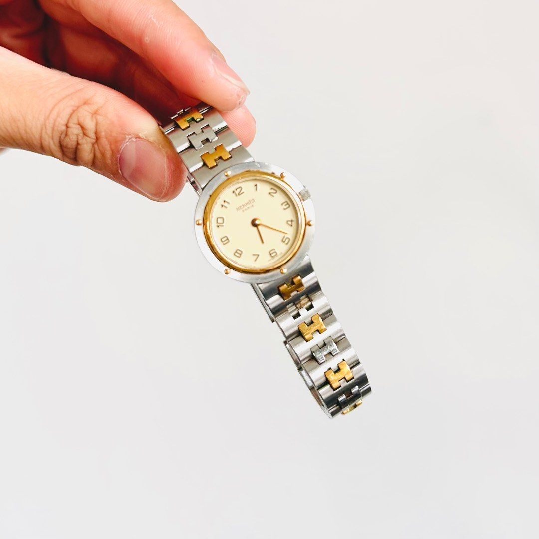 STEAL Hermes Round Dial Clipper 24MM Gold Two Tone Silver
