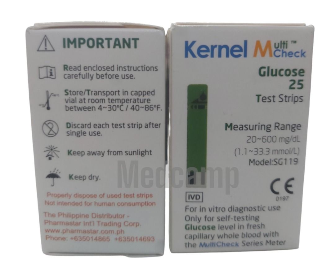 Strips Kernel Multi Check 3-in-1 (Category: Medical Supplies & Tools) located in Manila. Submitted by medcamp (Listing ID 1282206853, Image 3). Description: Strips Kernel for 3-in-1 Kernel Multicheck Price Reference: Glucose - Php1050 Uric Acid - Php1250 Cholesterol - Php3,950 For in vitro diagnostic use Cholesterol Strips 25's Read results in 150 seconds. Measuring Range : 100 to 400mg/dl Glucose Strips 25's Read results in 10 seconds Measuring 