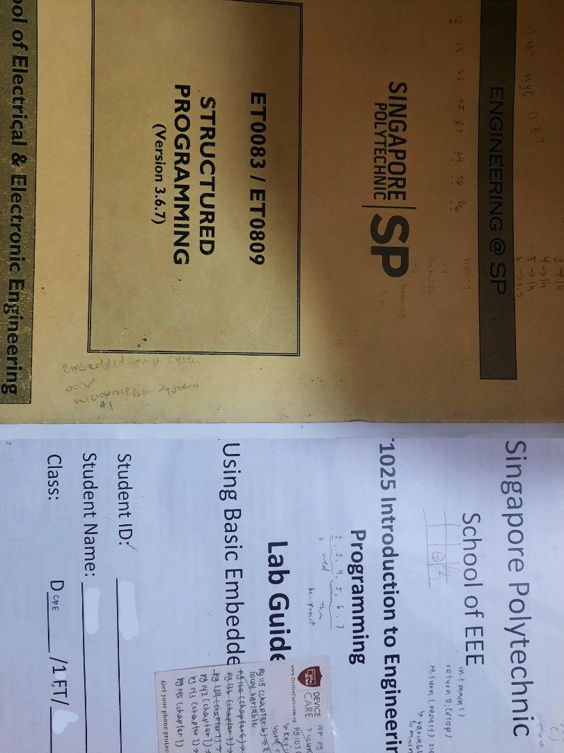 Structured programming and Lab guide for introduction to engineering programming (Category: Textbooks) located in Singapore. Submitted by caraesell (Listing ID 1282359560, Image 1). Description: 💻from SP DCPE, can also be used for other courses taking introduction to engineering programming (IEP) but *LAB GUIDE ONLY FOR DCPE* 💻lab guide teaches you how to use Arduino 💻additional notes inside 💻 A for IEP 💻inside the yellow book there are some