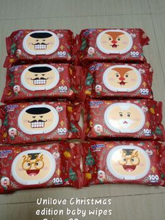 Unilove Christmas edition baby wipes, 100 sheets per pack.