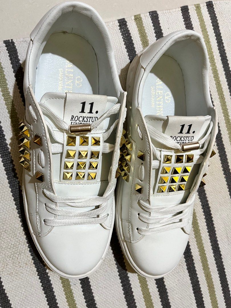 White sneakers clearance with gold studs