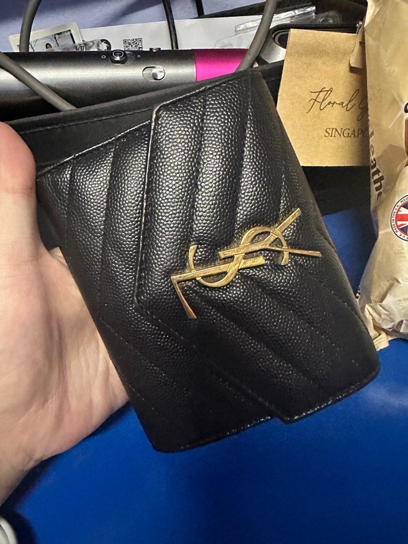 Ysl monogram compact tri fold in grain de poudre embossed leather shop