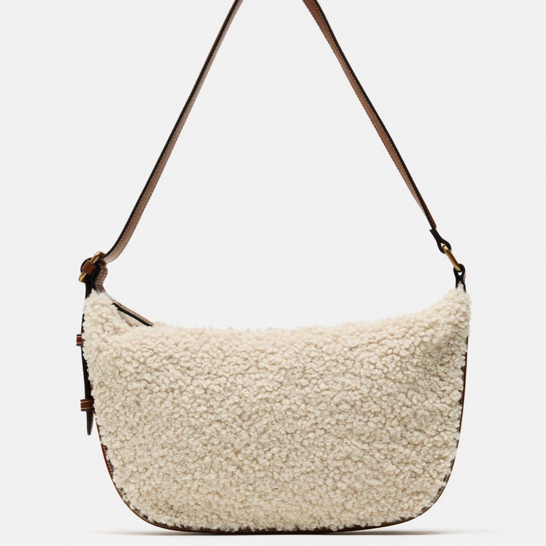 ZARA QQ faux shearling shoulder bag ecru
