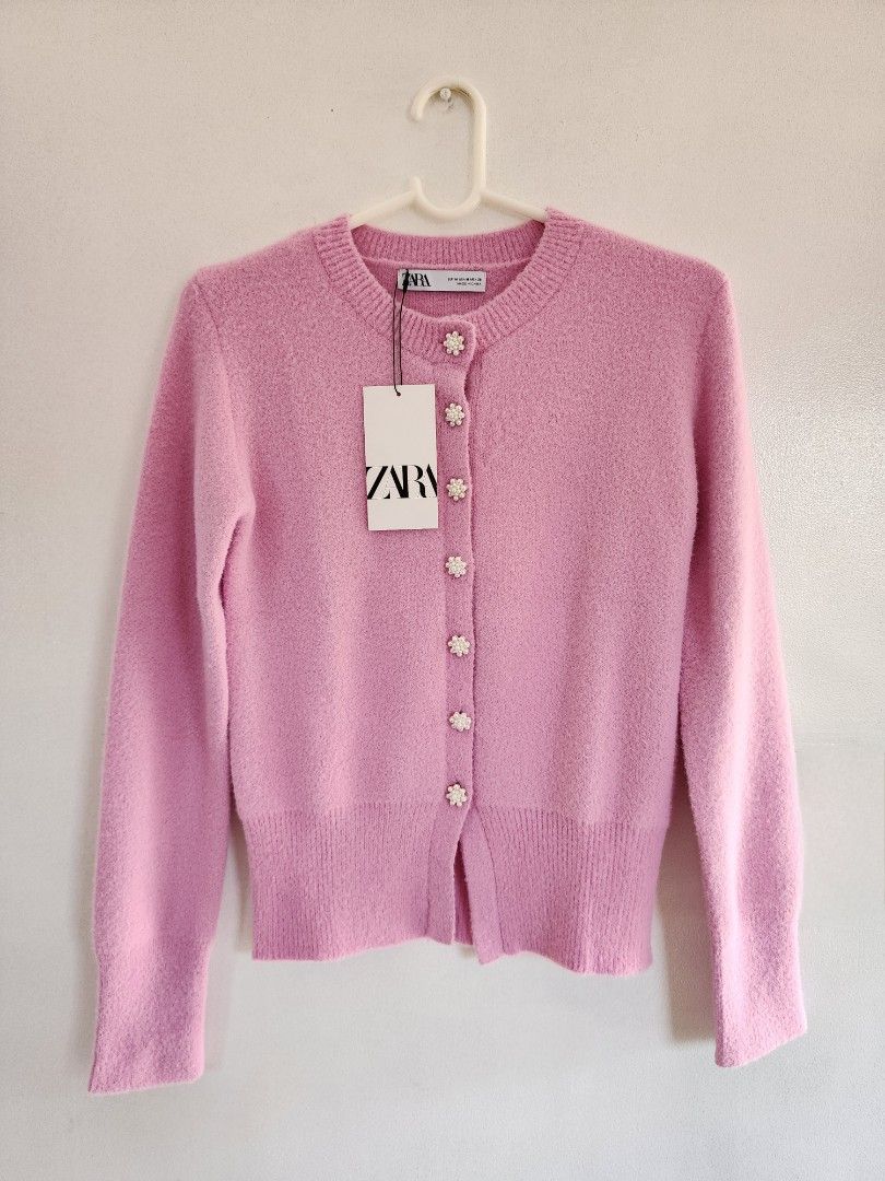 ZARA LIGHT PINK Wool Blend Knit Cardigan With Embroidery Size S £32.99 -  PicClick UK