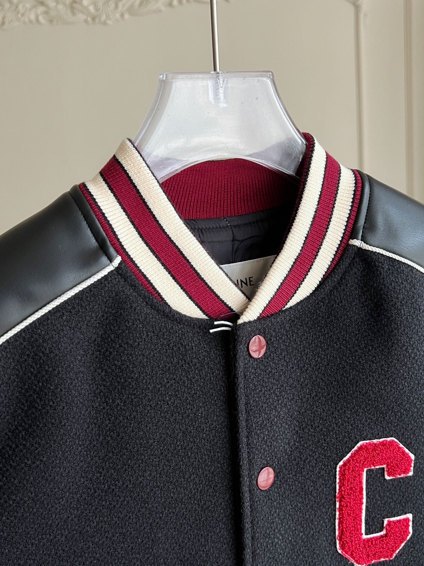 Authentic celine Men s Genuine Leather And Wool Baseball Jacket