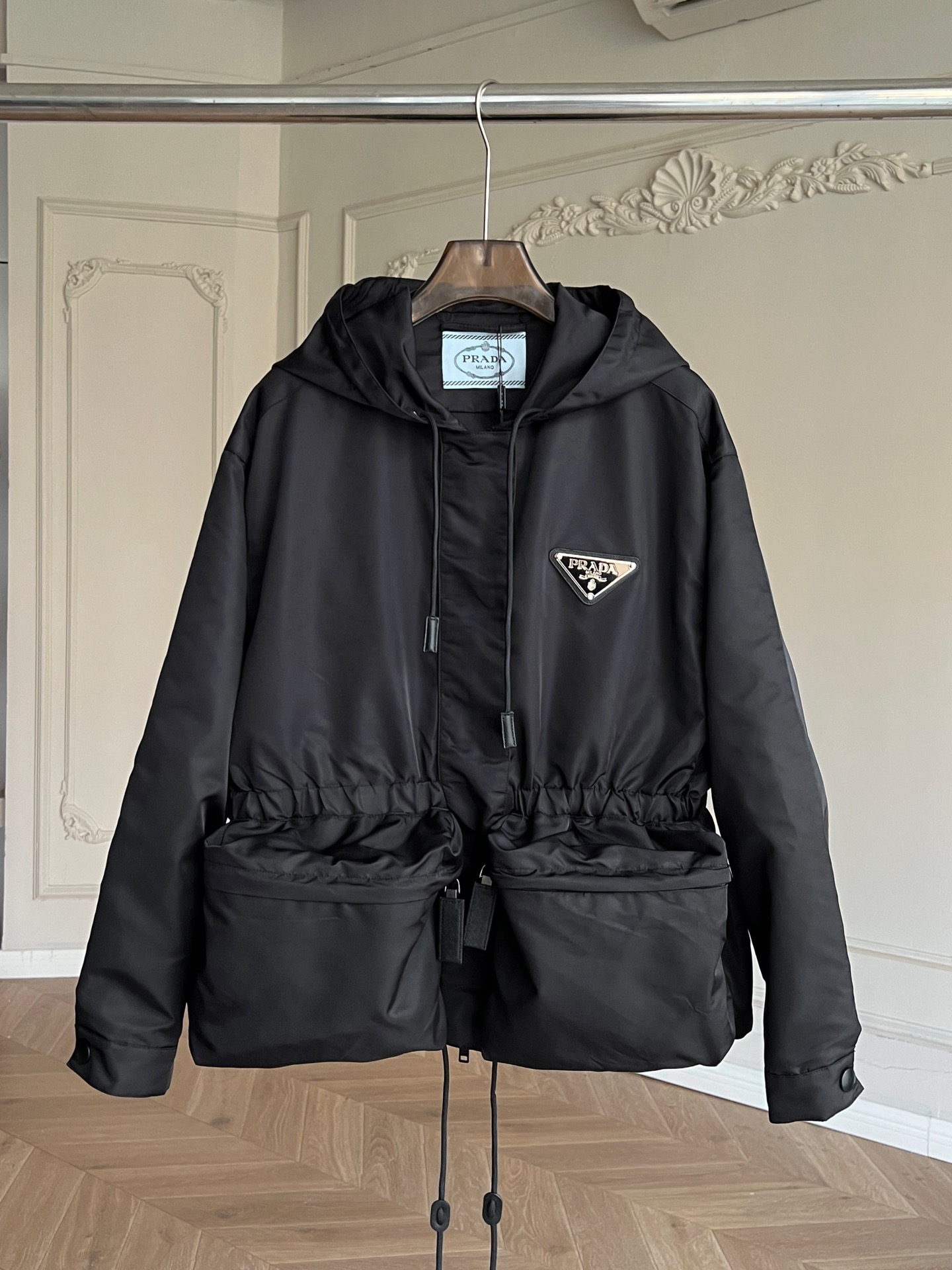 Authentic prada Windbreaker Regenerated Nylon Inverted Triangle Waist Slim Hooded Jacket Women s Jacket Women s Fashion Coats Jackets and Outerwear on Carousell