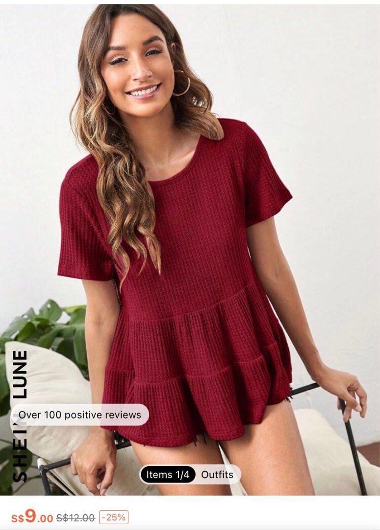 Drop shoulder waffle 2025 knit ruffle hem tee
