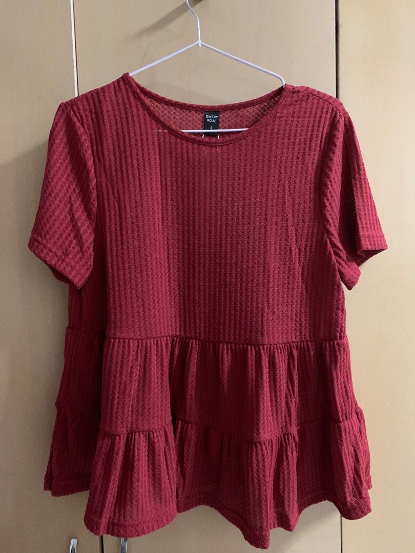 Drop shoulder waffle knit ruffle hem tee outlet