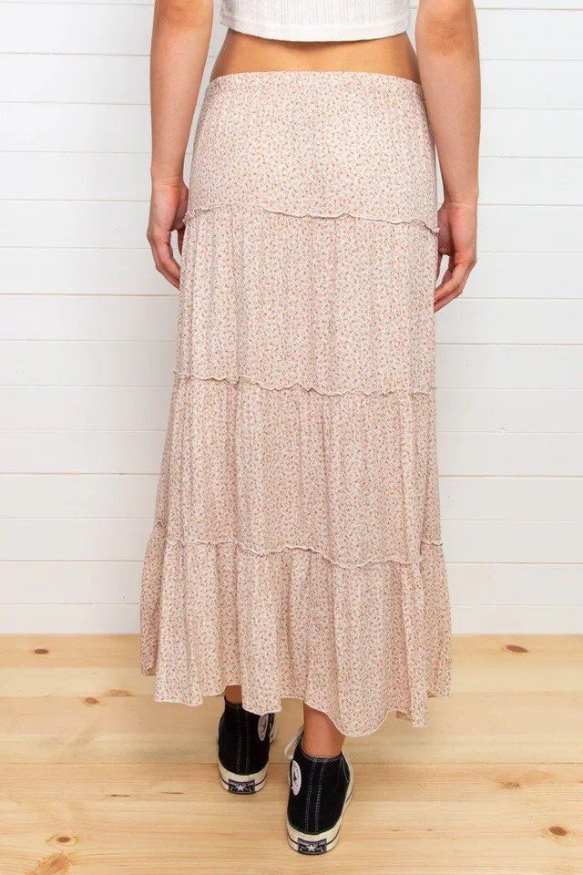 Brandy Melville Izzy Floral Maxi Skirt Pink Tiered Ruffle Women s Fashion Bottoms Skirts on Carousell
